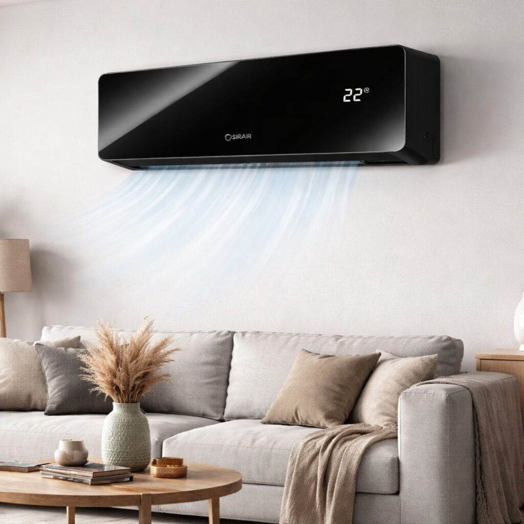 Wall-mounted air conditioner in a living room with a gray sofa and wooden coffee table.