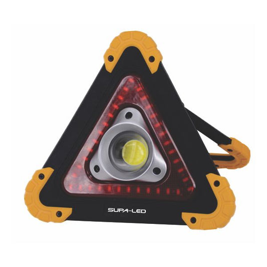 Triangular LED safety light with worklight, battery powered