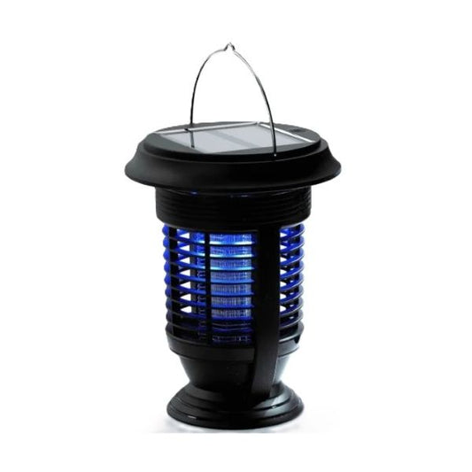 Black solar-powered mosquito zapper with blue lights on a white background
